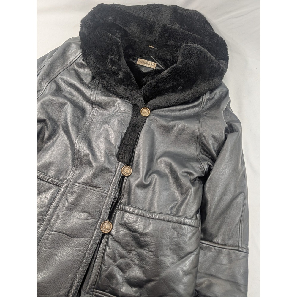 Vintage 90s Charles Klein Black Leather Overcoat‎ Heavy Warm Jacket Fur Lined M